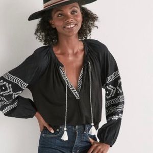 Lucky Brand Women’s Black Balloon Sleeves Tribal Print Peasant Blouse Large